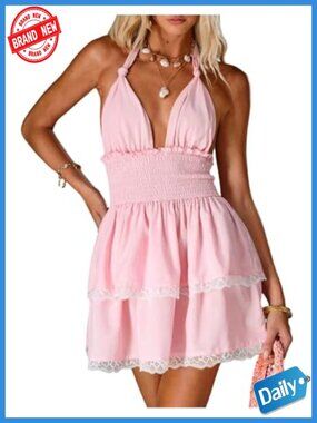 Halter Tie Back Floral Mini Dress A-Line Sleeveless Summer Casual Vacation